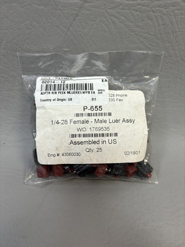 NEW 25 PCS Cole Parmer Idex Threaded Luer Adapter Red/Black PEEK, 0.040" Bore