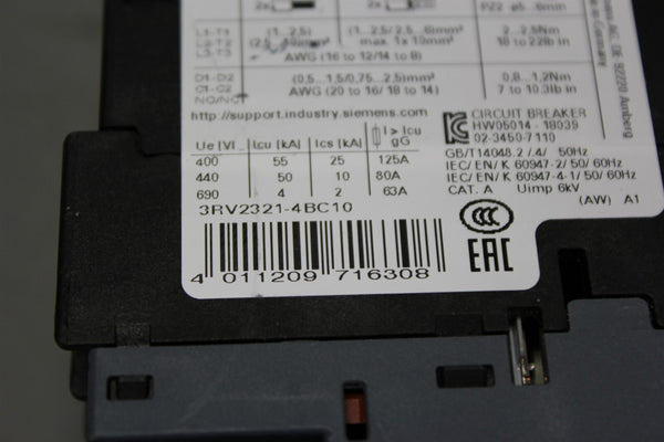 Unused SIEMENS SIRIUS CIRCUIT BREAKER 3RV2321-4BC10