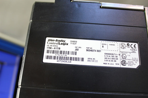 ALLEN BRADLEY CONTROLLOGIX 17 SLOT PLC CHASSIS W/ POWER SUPPLY 1756-A17/B PA75/A