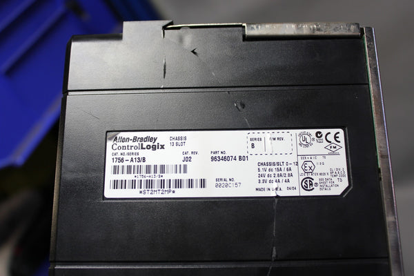 ALLEN BRADLEY CONTROLLOGIX 13 SLOT PLC CHASSIS W/ POWER SUPPLY 1756-A13/B PA75/A