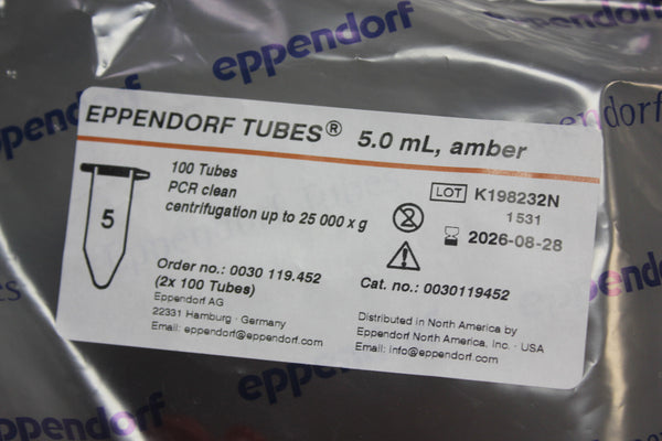 100- EPPENDORF TUBES PCR CLEAN CENTRIFUGATION 25000 5.0 ML AMBER 0030119452