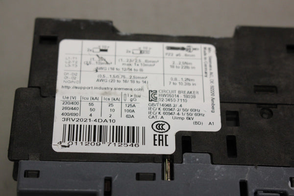 SIEMENS SIRIUS MANUAL MOTOR STARTER  3RV2021-4DA10
