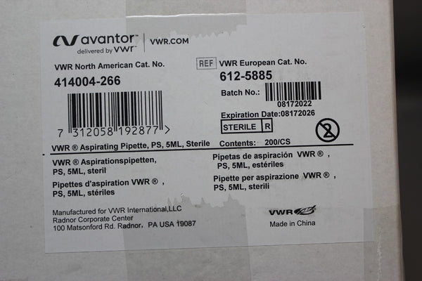 NEW BOX 200 VWR ASPIRATING PIPETTE PS 5mL STERILE 414004-266