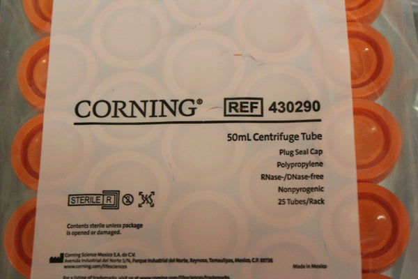 NEW RACK OF 25 CORNING 50mL CENTRIFUGE TUBES PLUG SEAL CAP PP 430290