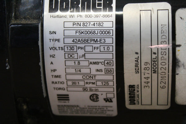 DORNER GEARMOTOR 42A5BEPM-E3 827-4182 1/4HP + CONVEYOR 22MBPS12A-4832