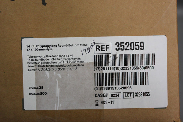 NEW CASE OF 425 FALCON 14mL POLYSTYRENE ROUND BOTTOM TEST TUBE 17x100mm 352059