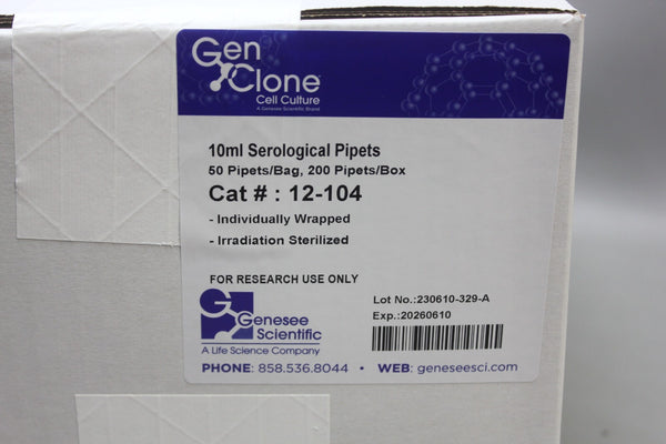 GENESEE GEN CLONE 10ML SEROLOGICAL PIPETS 12-104 200 PCS