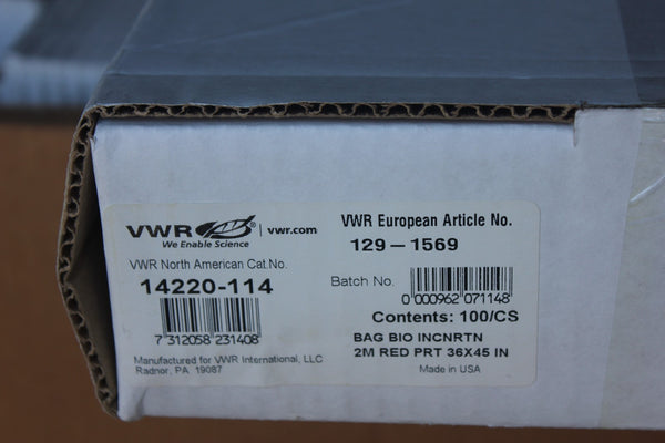 NEW BOX OF 100 VWR BIOHAZARD INCINERATION BAGS 14220-114