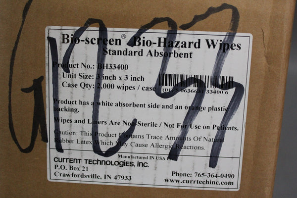 NEW CASE OF 2,000 CURRENT BIO-SCREEN BIO-HAZARD WIPES BH33400 3"x3"