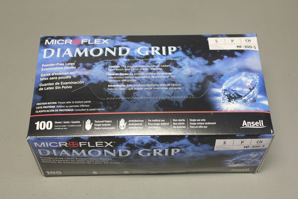 BOX OF 100 ANSELL MICROFLEX DIAMOND GRIP PWDERFREE LATEX EXAMINATION GLOVES SZ S