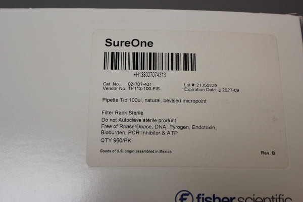 NEW BOX 960 FISHER 100uL PIPETTE TIPS BEVELED MICROPOINT 02-707-431