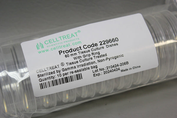 CELLTREAT 60mm Tissue Culture Dish w/Grip Ring  500/Case  Sterile #229660