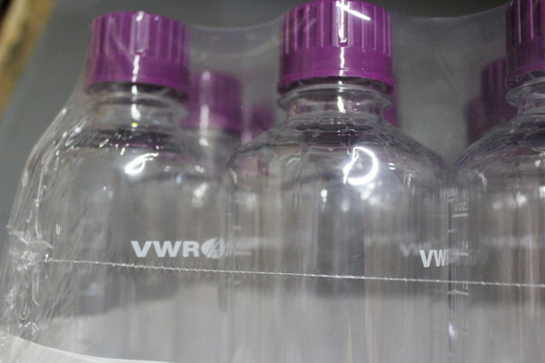 NEW LOT OF 12 VWR 500ML GRADUATED POLYCARBONATE CLEAR ROUND BOTTLES 30180-030