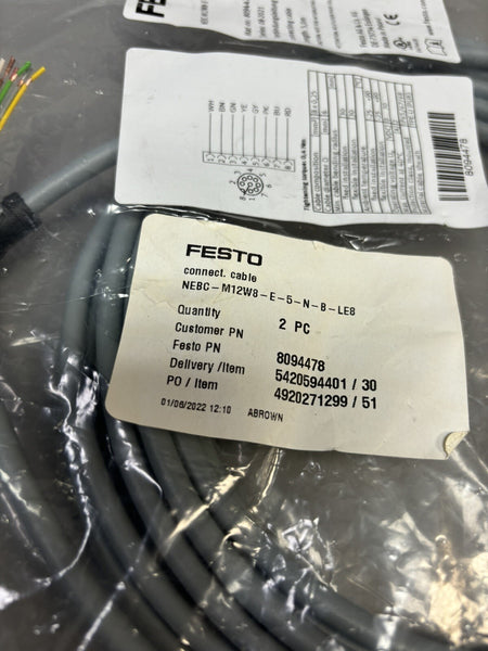 NEW FESTO NEBC-M12W8-E-5-N-B-LE8 / NEBCM12W8E5NBLE8 CONNECTING CABLE