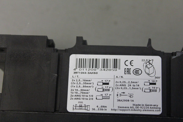SIEMENS POWER CONTACTOR WITH 110/120V COIL 3RT1044-3AK60