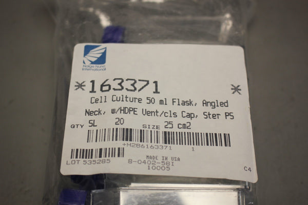 NEW NALGE NUNC CELL CULTURE 50ML FLASK ANGLED NECK HDPE VENT 20PCS 163371