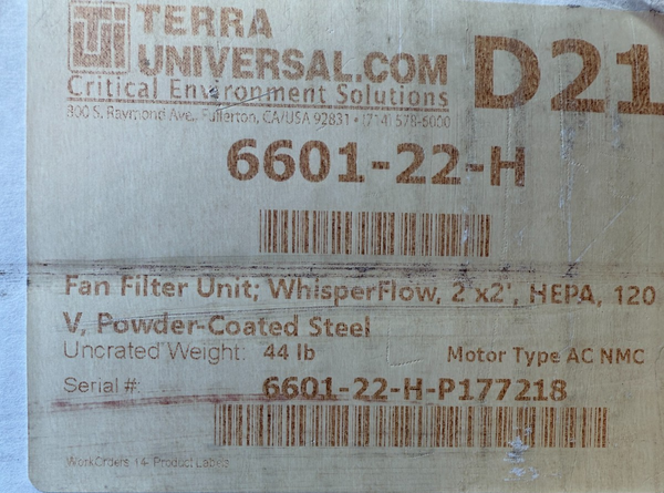 New Terra Universal Fan Filter Unit WhisperFlow 2'x2' HEPA 120V 6601-22-H
