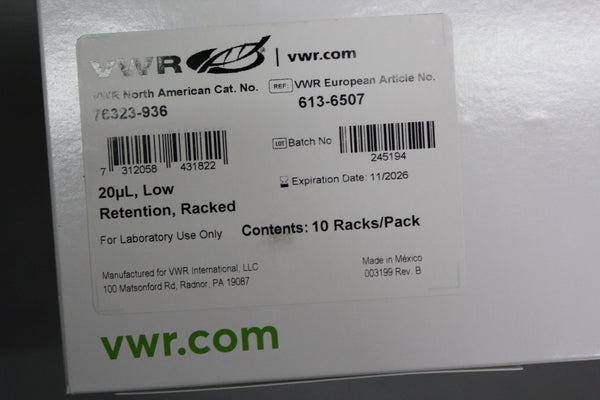 NEW BOX OF 960 VWR 20ul LOW RETENTION RACKED LTS COMPATIBLE PIPET TIPS 76323-936