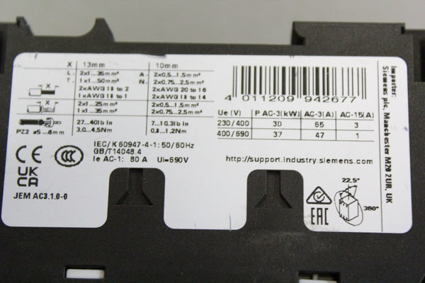 SIEMENS POWER CONTACTOR  3RT2037-1NB34-3MA0