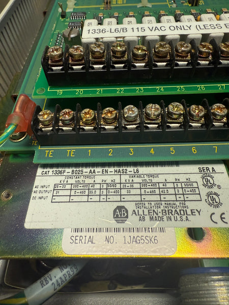 ALLEN BRADLEY 1336 PLUS II 25HP DRIVE 1336F-B025-AA-EN-HAS2-L6 SERIES A