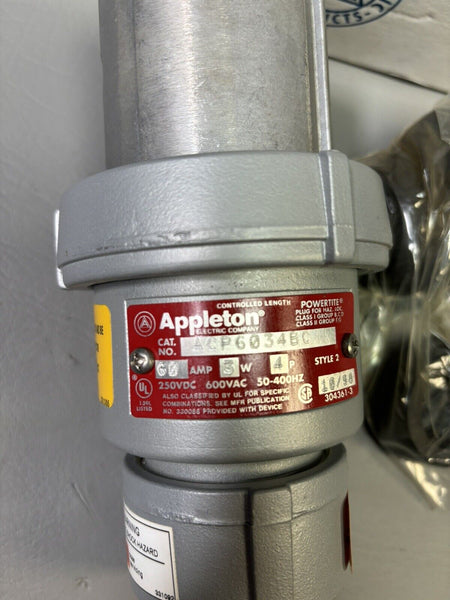 NEW ACP6034BC - Appleton - 60 Amp 600V 4 Pole 3 Wire Powertite Series