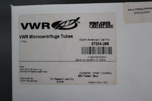 NEW BOX 500 VWR 1.7mL MICROCENTRIFUGE TUBES 87004-266