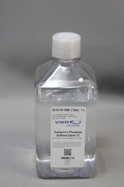 NEW 1L BOTTLE OF VWR DULBECCO'S PHOSPHATE BUFFERED SALINE 1X 02-0119-1000 DPBS