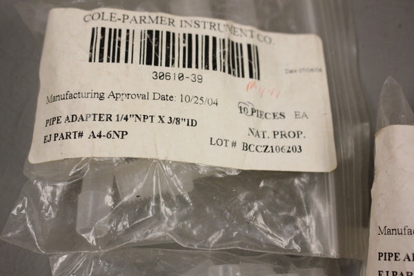 LOT OF 30 NEW COLE PARMER 30610-39 PIPE ADAPTERS 1/2NPT X 3/8 ID