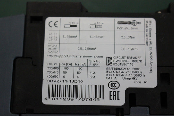 UNUSED SIEMENS MOTOR STARTER PROTECTOR/CIRCUIT BREAKER  3RV2711-1JD10