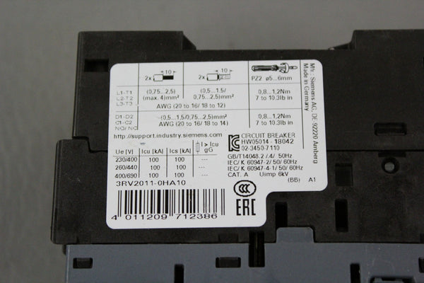 SIEMENS SIRIUS CONTACTOR MOTOR STARTER 3RV2011-OHA10