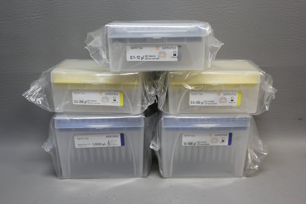 LOT OF 5 RACKS SARTORIUS OPTIFIT TIPS MISC SIZES 0.1-10, 0.5-200, 10-1000 UL