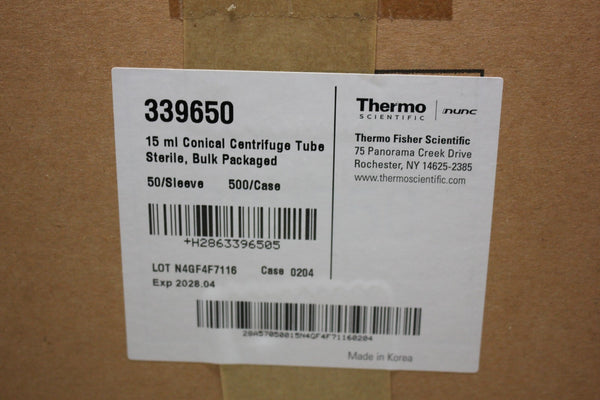 1 NEW CASE OF 500 THERMO/NUNC 15ml CONICAL CENTRIFUGE TUBES 339650
