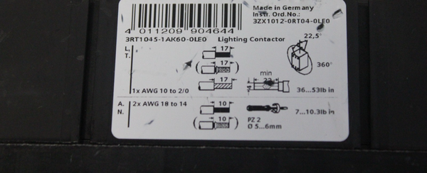 SIEMENS LIGHTING CONTACTOR WITH 110/120V COIL 3RT1045-1AK60-0LE0
