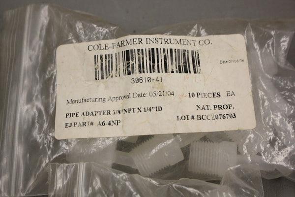 LOT OF 20 NEW COLE PARMER 30610-41 PIPE ADAPTERS 3/8 NPT X 1/4 ID