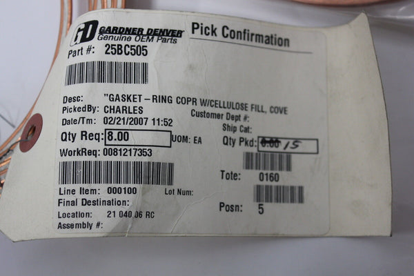 35  GARDNER DENVER OEM COMPRESSOR COPPER GASKET 25BC505  (S8-3-24D