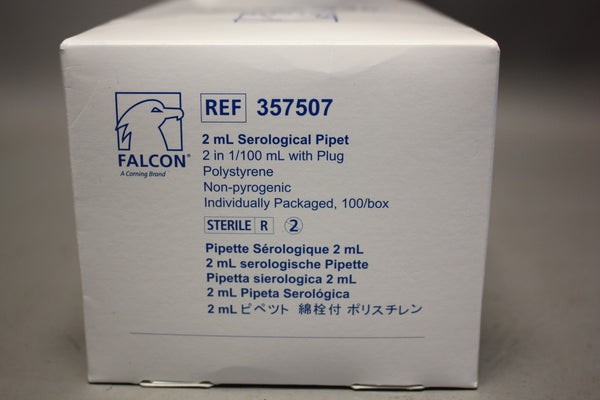 NEW FALCON 2ML SEROLOGICAL PIPET W/ PLUG 357507 POLYSTYRENE 100PCS