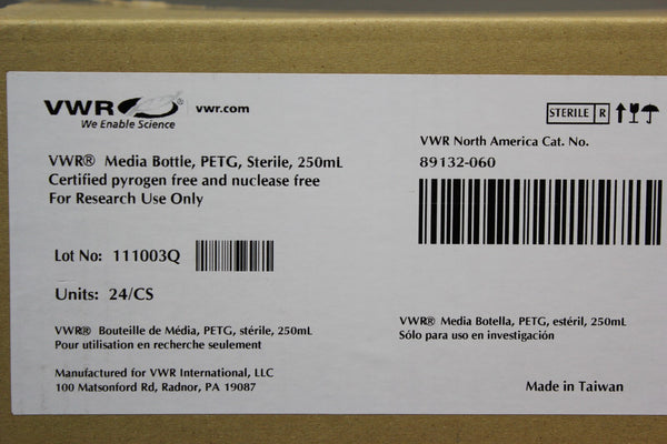 NEW BOX OF 24 VWR 250mL PETG STERILE MEDIA BOTTLES 89132-060