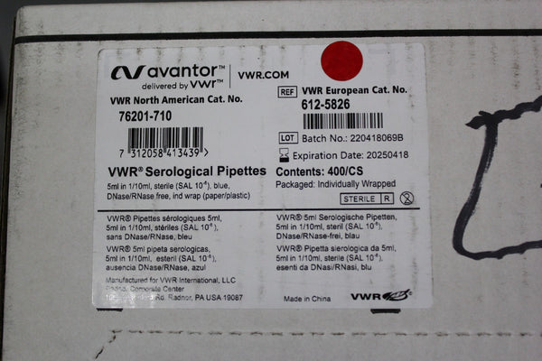 NEW CASE 400 VWR AVANTOR SEROLOGICAL PIPETTES PIPETES 5ml in 1/10 ml 76201-710
