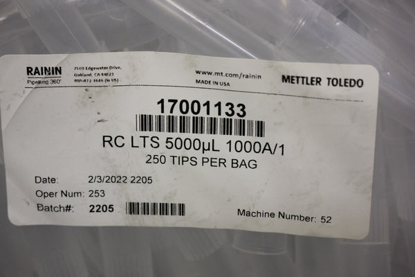 NEW BAG OF 250 RAININ/METTLER TOLEDO RC LTS 5000uL TIPS 17001133
