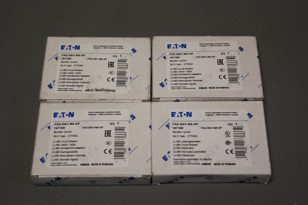 LOT OF 4 NEW EATON 5A CIRCUIT BREAKERS  FAZ-D5/1-NA-SP  167169