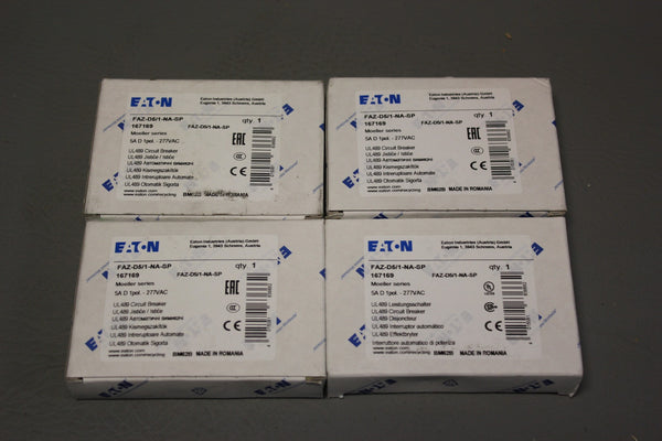 LOT OF 4 NEW EATON 5A CIRCUIT BREAKERS  FAZ-D5/1-NA-SP  167169