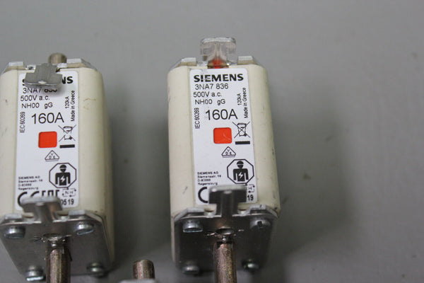 (3) SIEMENS FUSE 3NA7836 160A 500VAC NH00 120kA