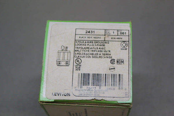 LEVITON 3-POLE 4-WIRE GROUNDING LOCKING PLUG 20A-450V 2431 L16-20P