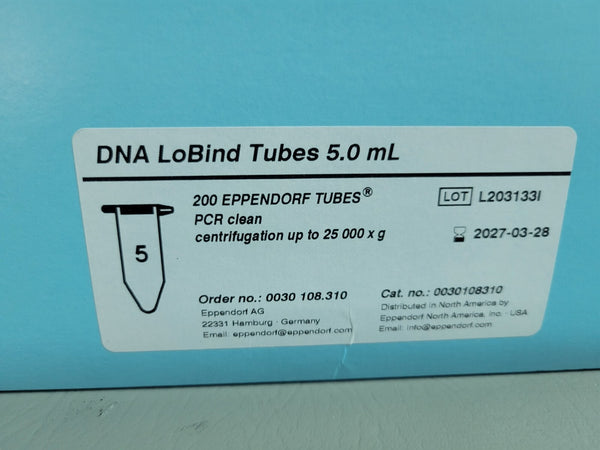 NEW EPPENDORF DNA LOBIND TUBES 5.0 ML PCR CLEAN 200 QTY 0030108310