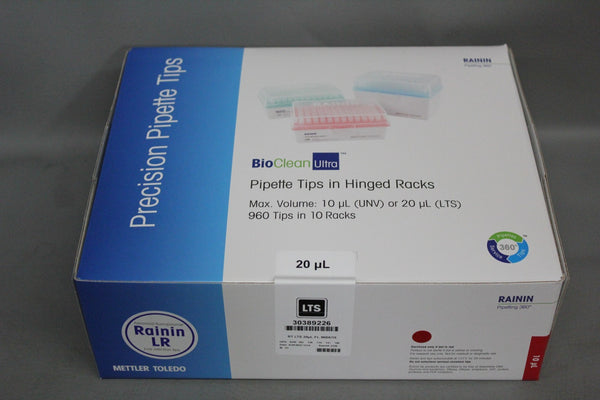 NEW CASE OF 10 RACKS (960 TIPS) RAININ BIOCLEAN ULTRA 20uL PIPETTE TIPS 30389226