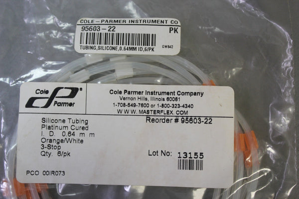 NEW COLE PARMER 6 PACK PLATINUM CURED SILICONE TUBING I.D. 0.64 95603-22 ISMATEC