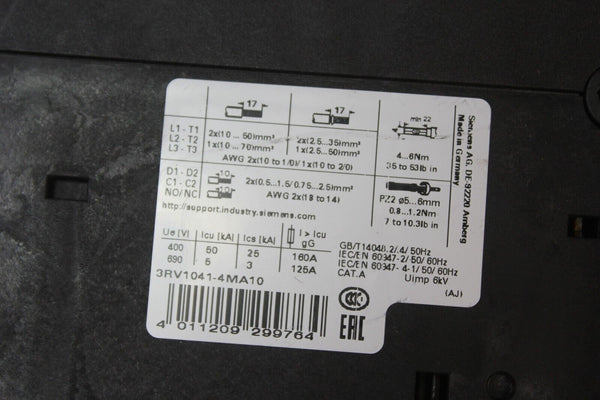 UNUSED SIEMENS 3RV1041-4MA10 SIRIUS MOTOR CONTROLLER CIRCUIT BREAKER