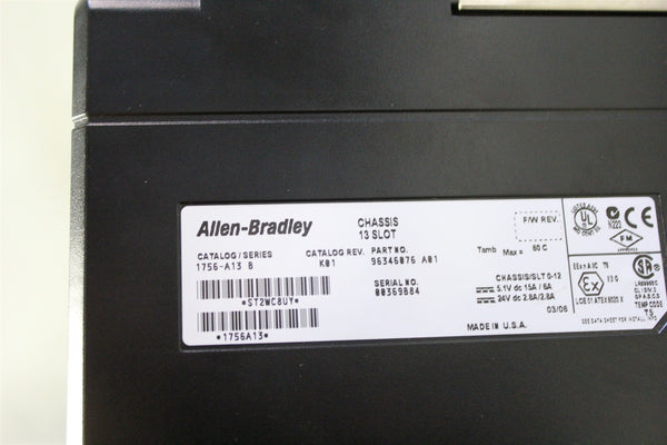 ALLEN BRADLEY CONTROLLOGIX 13 SLOT PLC CHASSIS W/ POWER SUPPLY 1756-A13/B PA75/B