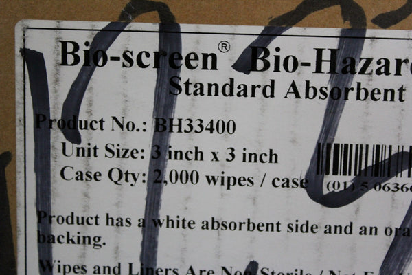 NEW CASE OF 2,000 CURRENT BIO-SCREEN BIO-HAZARD WIPES BH33400 3"x3"
