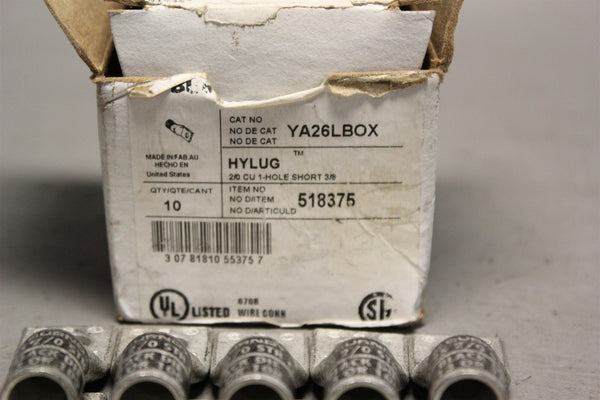 New BURNDY COPPER COMPRESSION LUG 2/0 AWG 2-HOLE 3/8" 10 Pack YA26LBOX